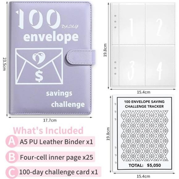 100 Envelopes Money Saving Challenge Book, PU Leather Saving Binder - Picture 2 of 8